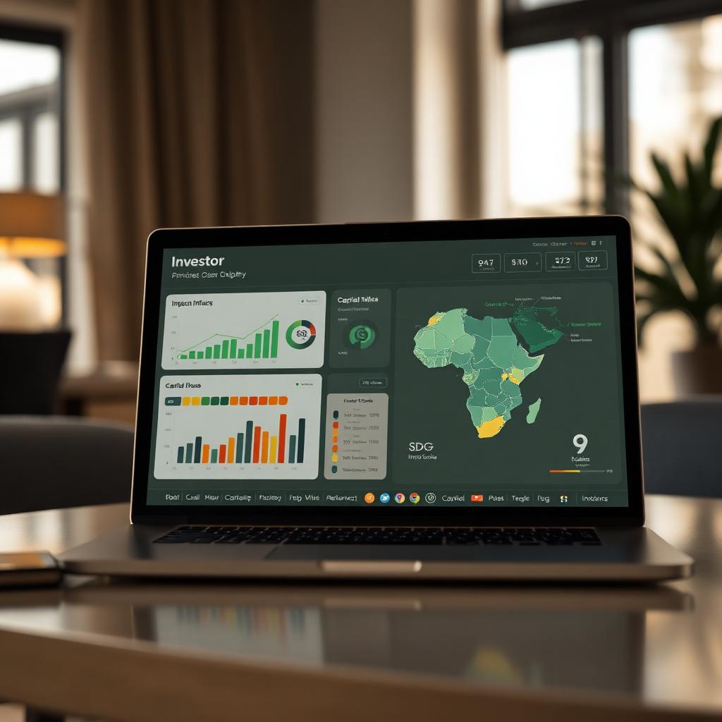 Investor dashboard showing African impact charts and capital flows