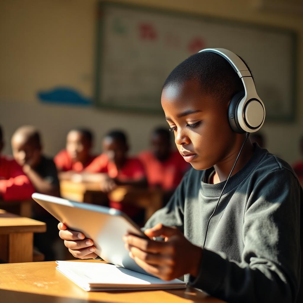 Young African learner on a tablet with headphones in a community classroom