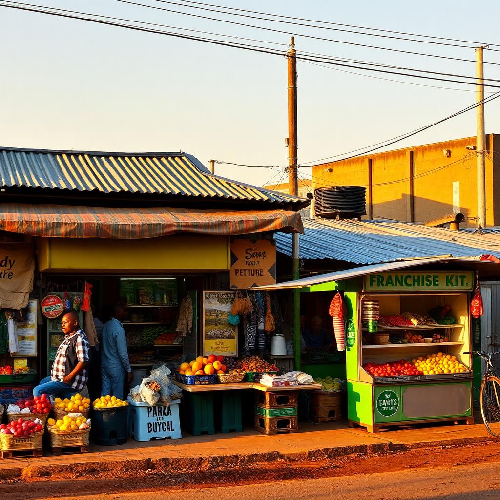 Vibrant South African township marketplace with spaza shop and franchise kit