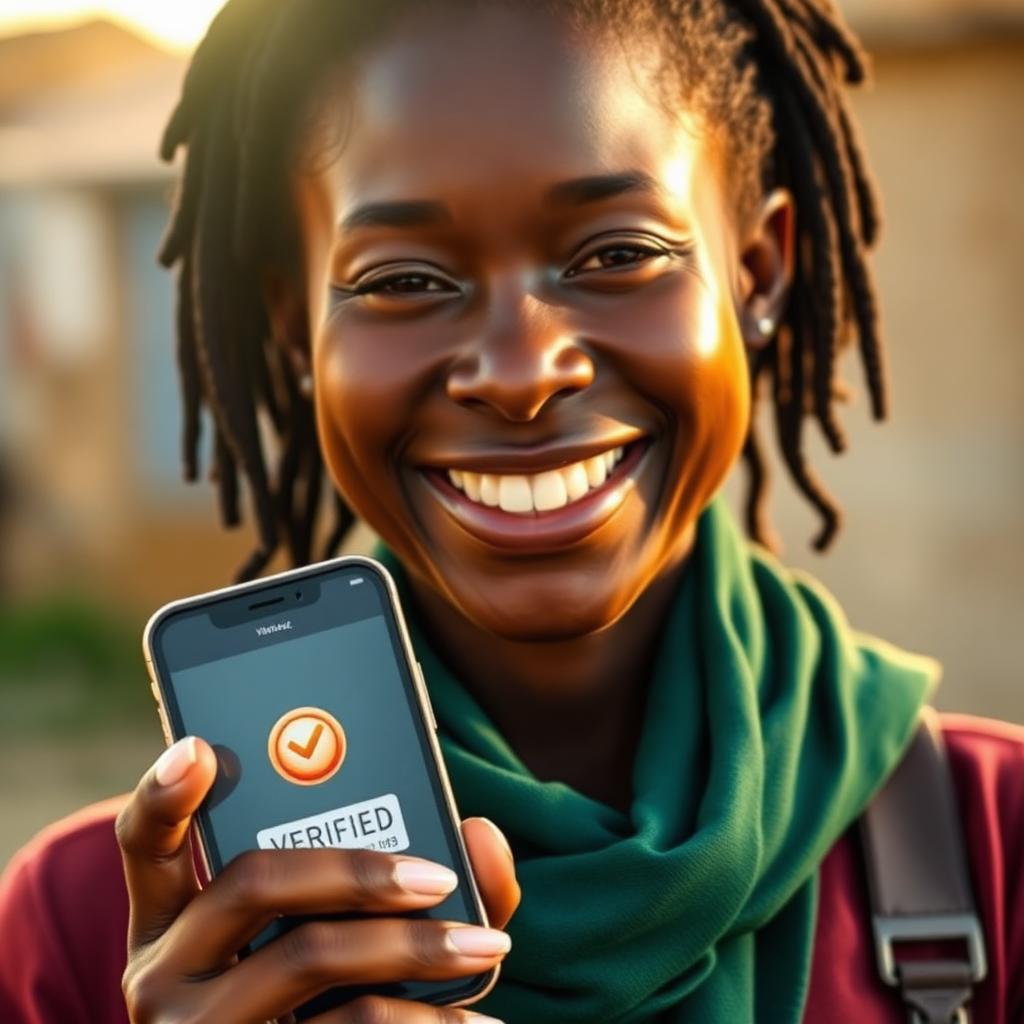 Young South African woman holding a phone with a verified ID badge