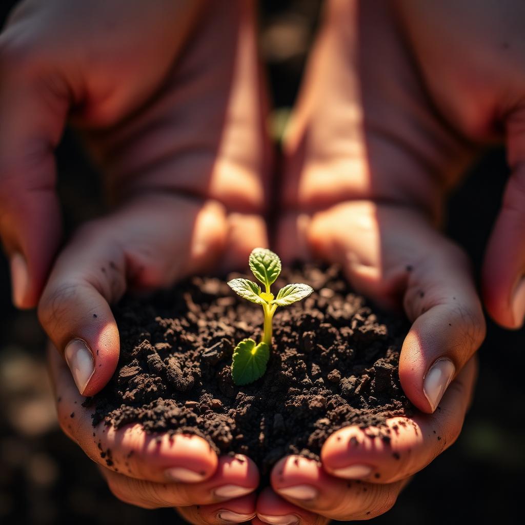 Hands holding soil and a seedling