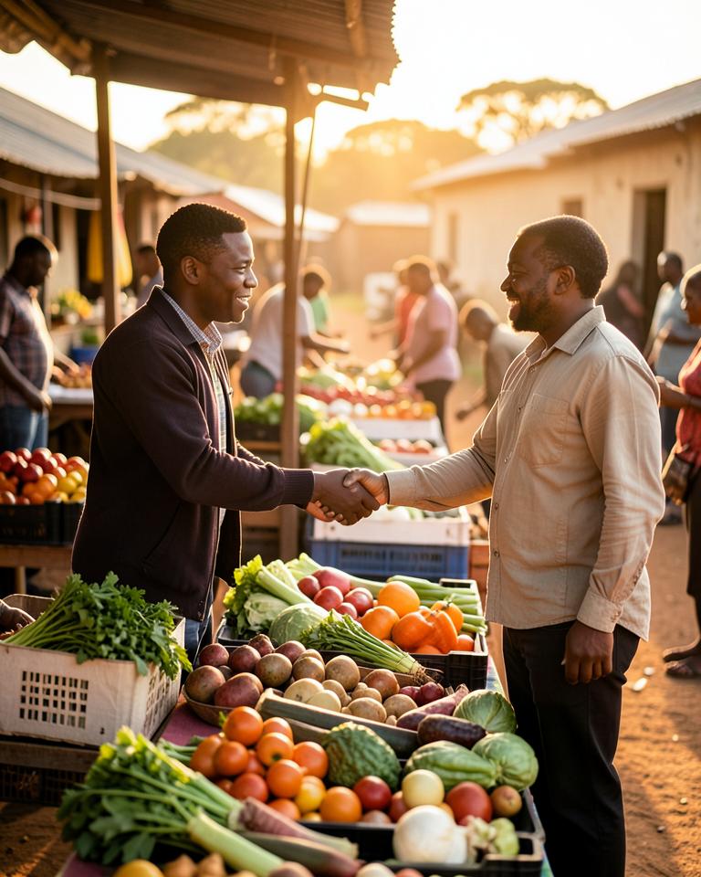 Entrepreneur shaking hands with a buyer at a fresh produce market